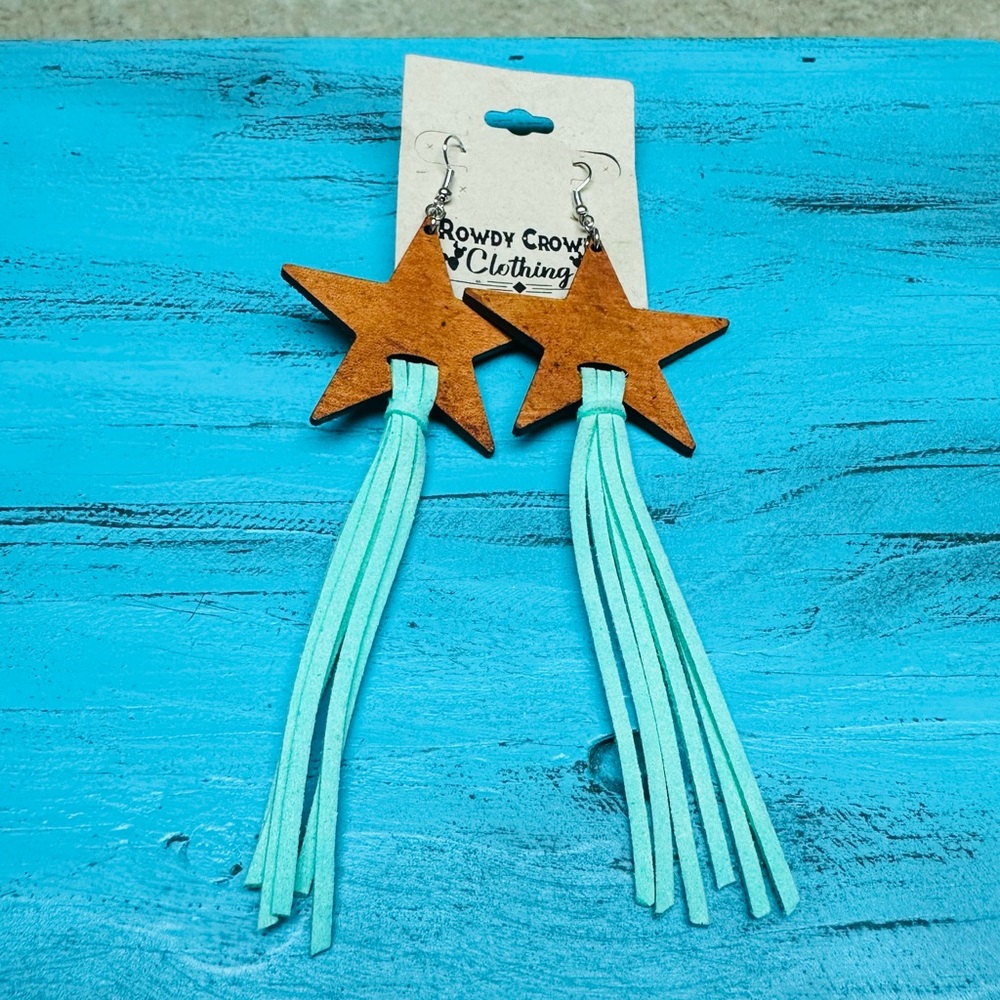 Mint Fringe Star Leather Earrings